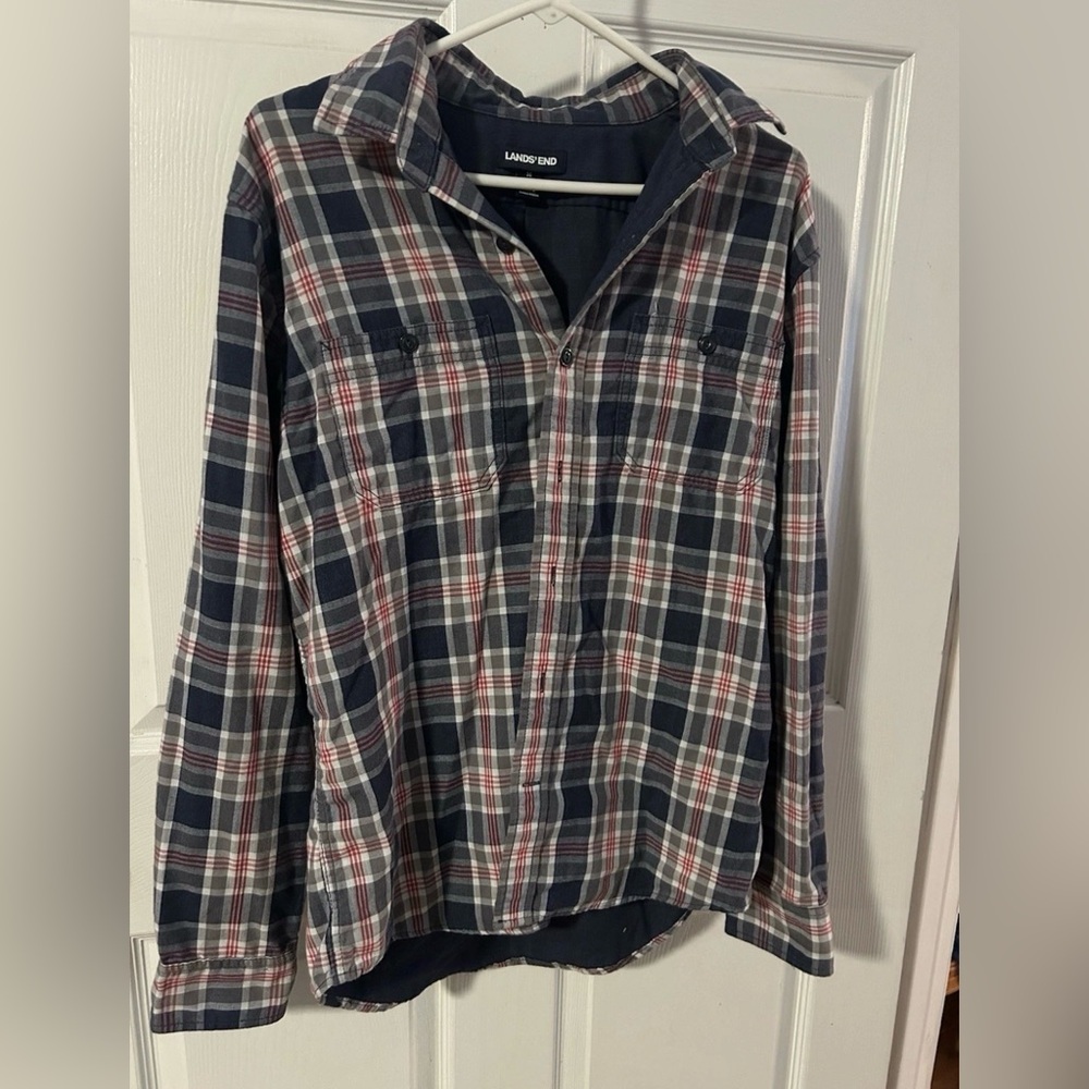 Lands’ End Men’s Plaid Flannel Shirt Jacket Lined Button Front Size Medium